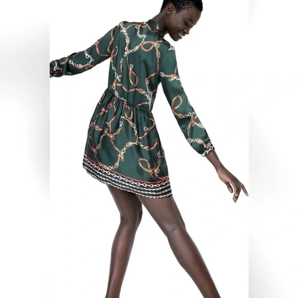 Zara Dresses & Skirts - Zara Green Chain Pattern Long Sleeve Dress